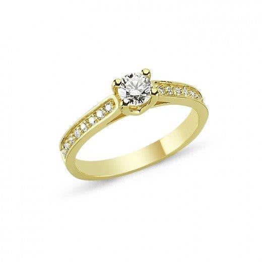 Romantisk Nuran Bella ring i 14 karat guld med centerdiamant og 16 mindre diamanter langs skinnen.